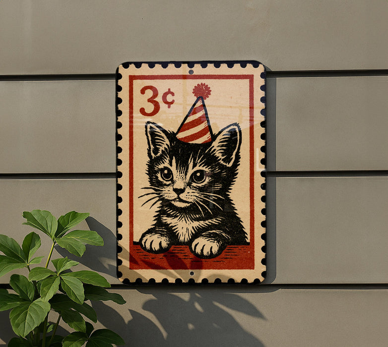 A decorative metal sign featuring a cat wearing a party hat, with a price of 3 cents displayed on it.