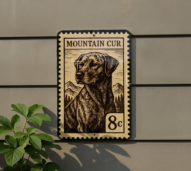 a dog, specifically a mountain dog, depicted on a postage stamp-like sign mounted on a wall.