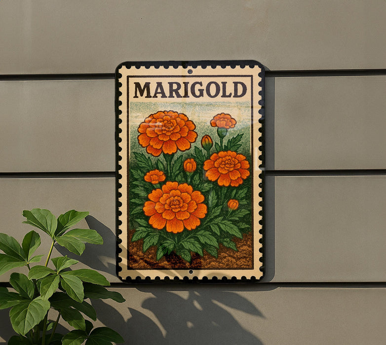 A postage stamp-style sign displaying a vibrant image of marigold flowers, mounted on a wall.