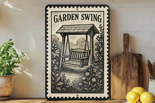 A vintage-style metal sign with the text "GARDEN SWING" and an illustration of a wooden swing set in a garden setting.