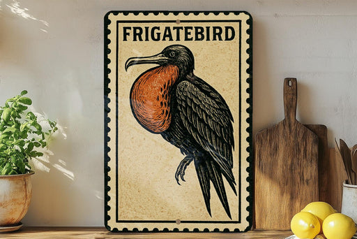 a framed illustration of a Frigatebird, a bird known for its distinctive appearance, perched on a wooden surface.