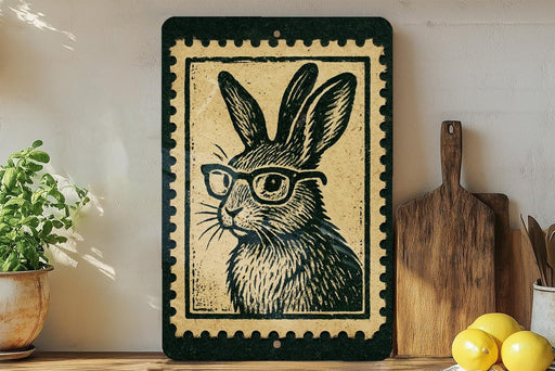 a framed illustration of a rabbit wearing glasses, placed on a shelf next to a wooden cutting board and some lemons.