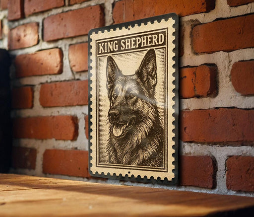 A framed image of a German Shepherd dog is displayed on a brick wall.