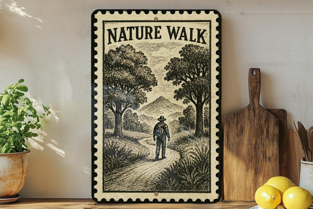 A framed illustration of a person walking on a path through a forest, with mountains in the background, is displayed on a wall next to a wooden cutting board and some potted plants.