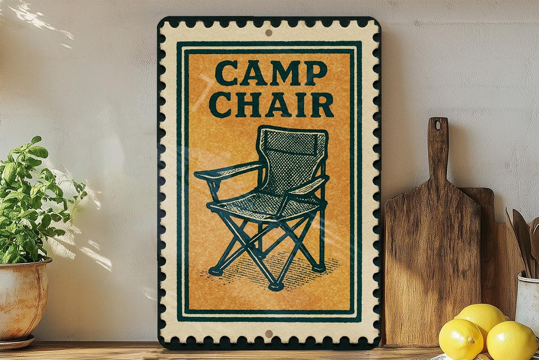 a sign that reads "Camp Chair" with a picture of a folding chair on it. The sign is placed on a shelf next to a wooden cutting board and a potted plant.