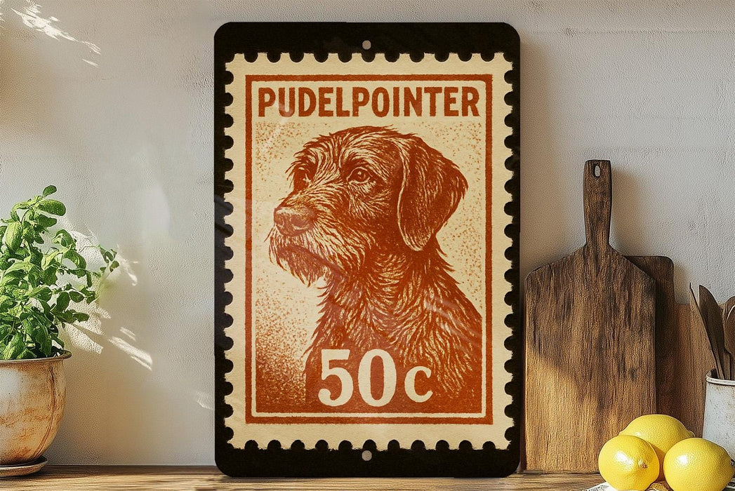 A framed stamp featuring a dog's head, with the text "Pudelpointer" and the number "50c" printed on it. The stamp is placed on a shelf next to a wooden cutting board and some kitchen utensils.