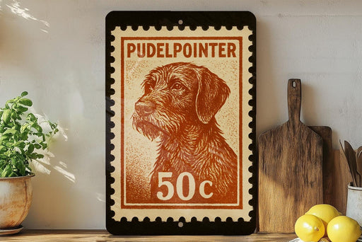 A framed stamp featuring a dog's head, with the text "Pudelpointer" and the number "50c" printed on it. The stamp is placed on a shelf next to a wooden cutting board and some kitchen utensils.