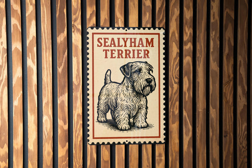 A metal sign with the text "SEALYHAM TERRIER" and an illustration of a terrier dog.