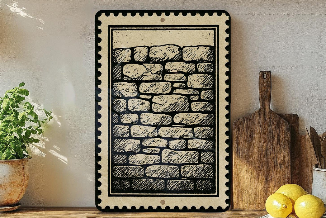 a framed artwork depicting a brick wall, a potted plant, wooden cutting boards, and a bowl of lemons on a shelf.