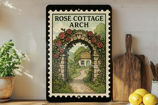 A framed illustration of a stone archway leading to a garden with a house, surrounded by greenery and flowers, is displayed on a shelf.
