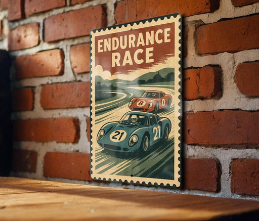 A vintage-style metal sign with the text "Endurance Race" and an illustration of two race cars on a track.
