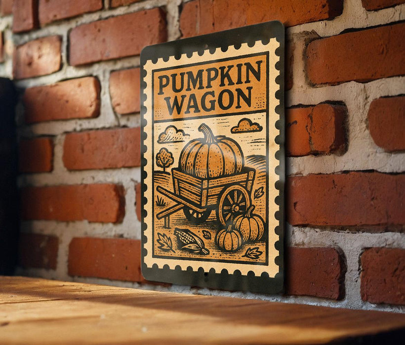 A wooden table with a pumpkin-themed sign hanging on a brick wall.