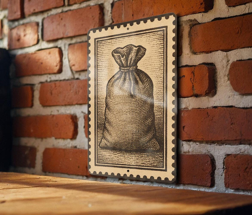 a wooden table with a framed illustration of a bag hanging on a brick wall.