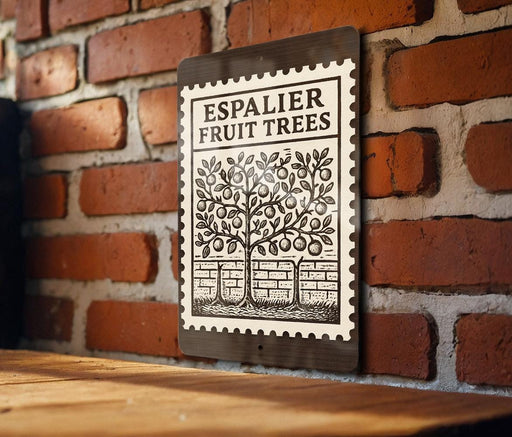 a wooden sign with a brick wall in the background.