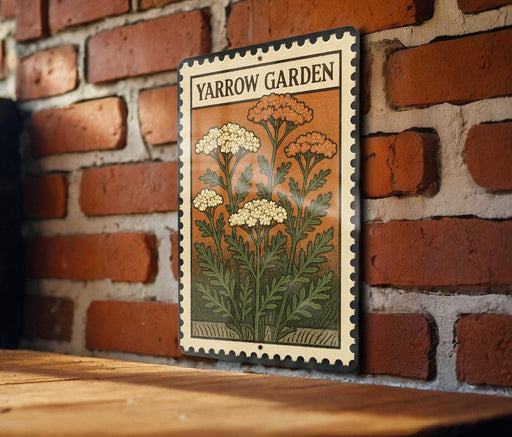 A decorative metal sign with a floral illustration is mounted on a brick wall, with a wooden table below it.