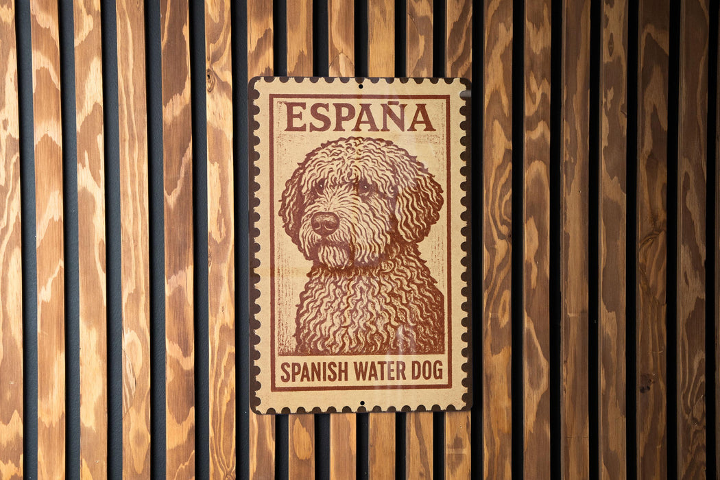 A metal sign with a Spanish water dog illustration is mounted on a wooden wall.