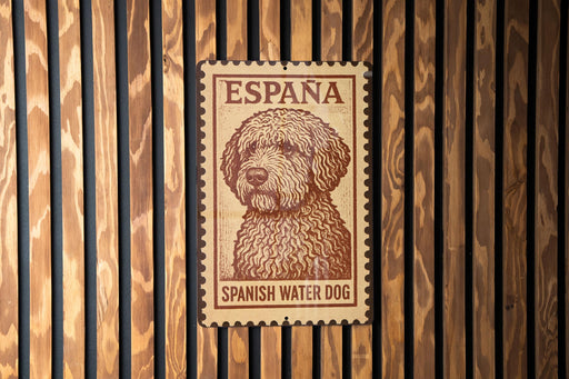 A metal sign with a Spanish water dog illustration is mounted on a wooden wall.