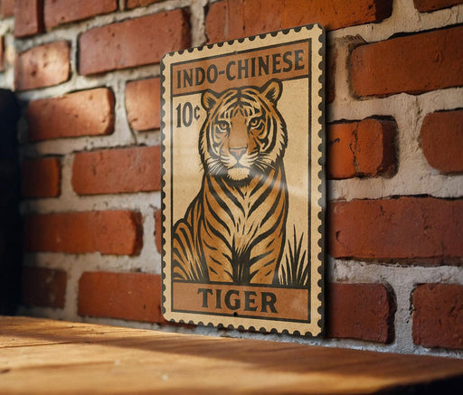 A wooden frame with a tiger illustration on it is mounted on a brick wall.
