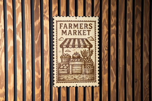 a sign for a farmers market, with a wooden background and a stamp-like design.