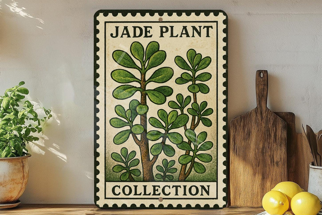A vintage-style metal sign with a jade plant illustration, placed on a wooden shelf next to a wooden cutting board and a potted plant.