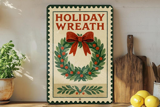 A vintage-style metal sign with the text "HOLIDAY WREATH" and a wreath design, placed on a wooden shelf next to a wooden cutting board and a potted plant.