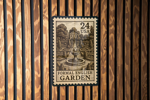 A formal English garden postage stamp is displayed on a wooden wall.