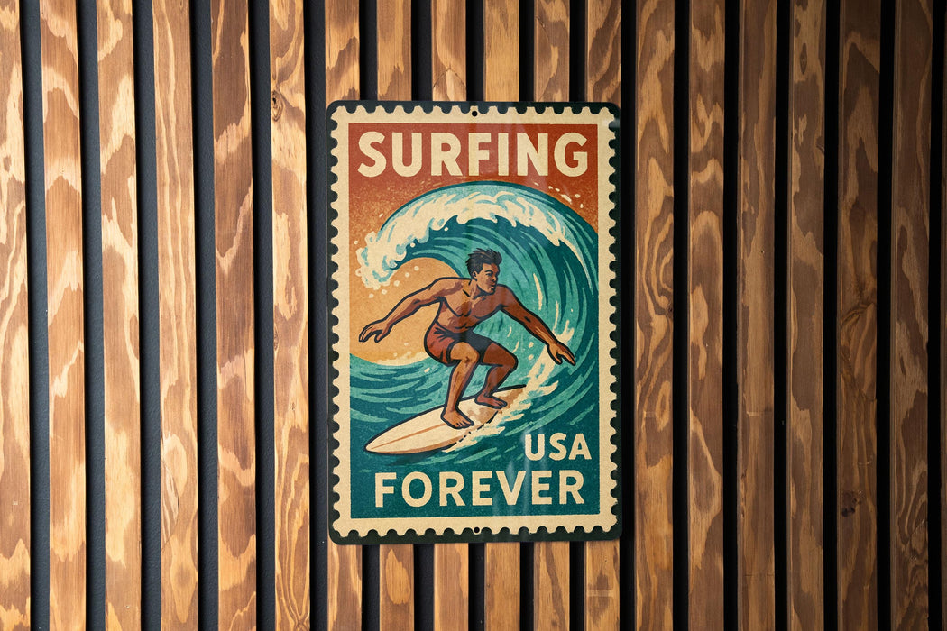 A vintage-style metal sign with the text "Surfing USA Forever" and an illustration of a surfer riding a wave.