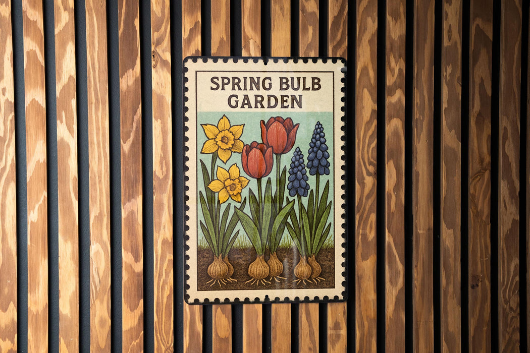 A framed illustration of a spring bulb garden, featuring tulips and hyacinths, is displayed on a wooden wall.