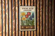 A framed illustration of a spring bulb garden, featuring tulips and hyacinths, is displayed on a wooden wall.