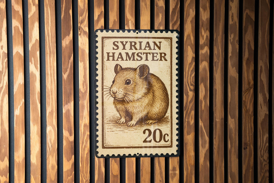 A wooden wall with a 20 cent stamp featuring a hamster.