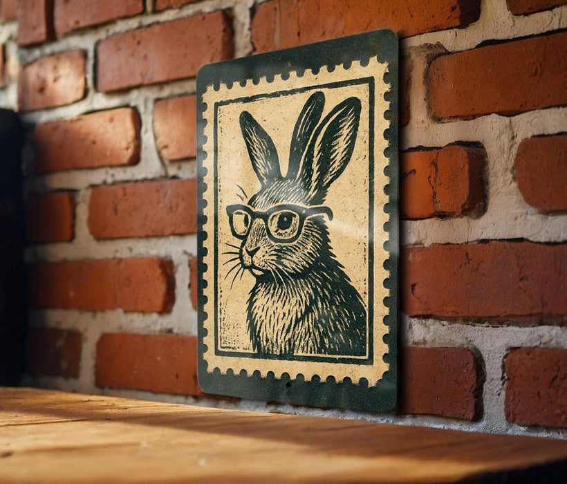 A wooden table with a framed illustration of a rabbit wearing glasses on it, mounted on a brick wall.
