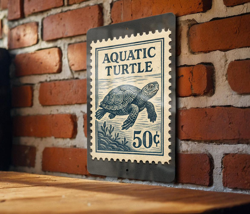 A vintage-style stamp featuring an illustration of a turtle, mounted on a brick wall.