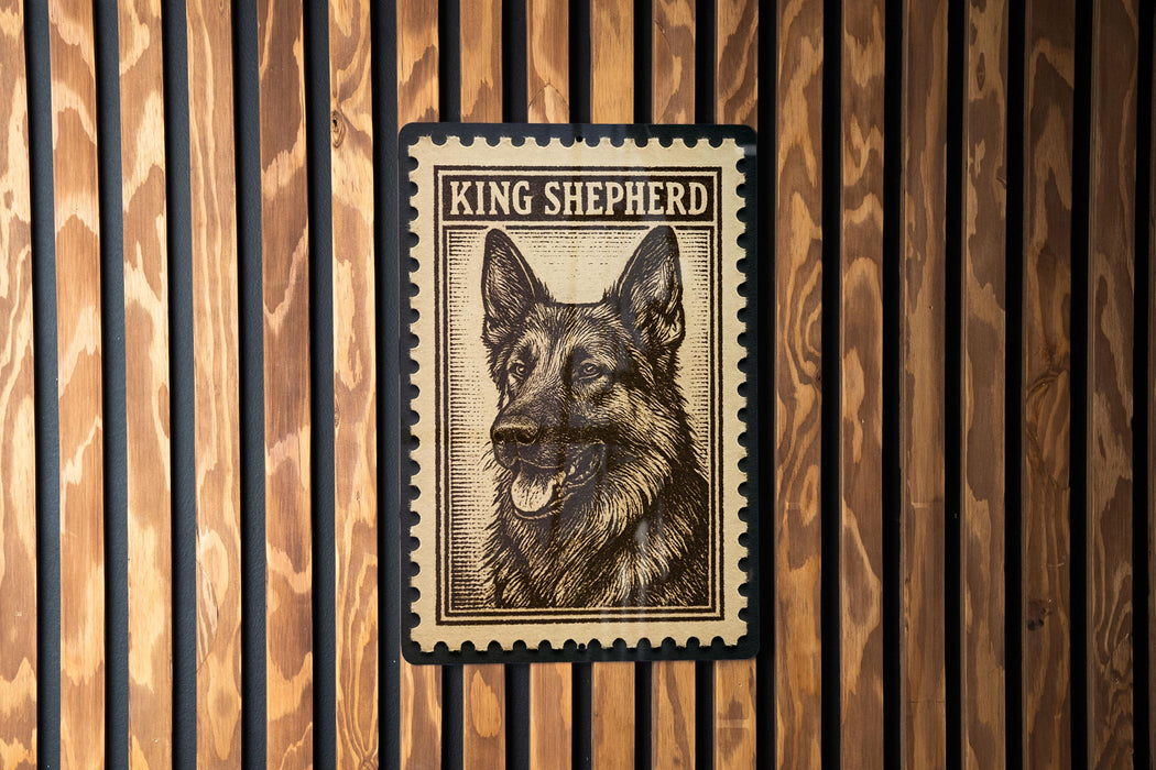 A framed image of a King Shepherd dog is displayed on a wooden wall.