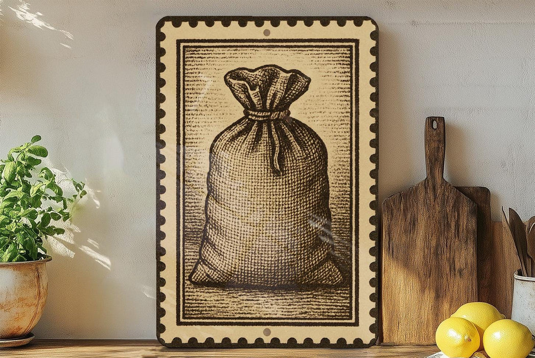 a framed illustration of a sack or bag, placed on a shelf next to a wooden cutting board and some lemons.