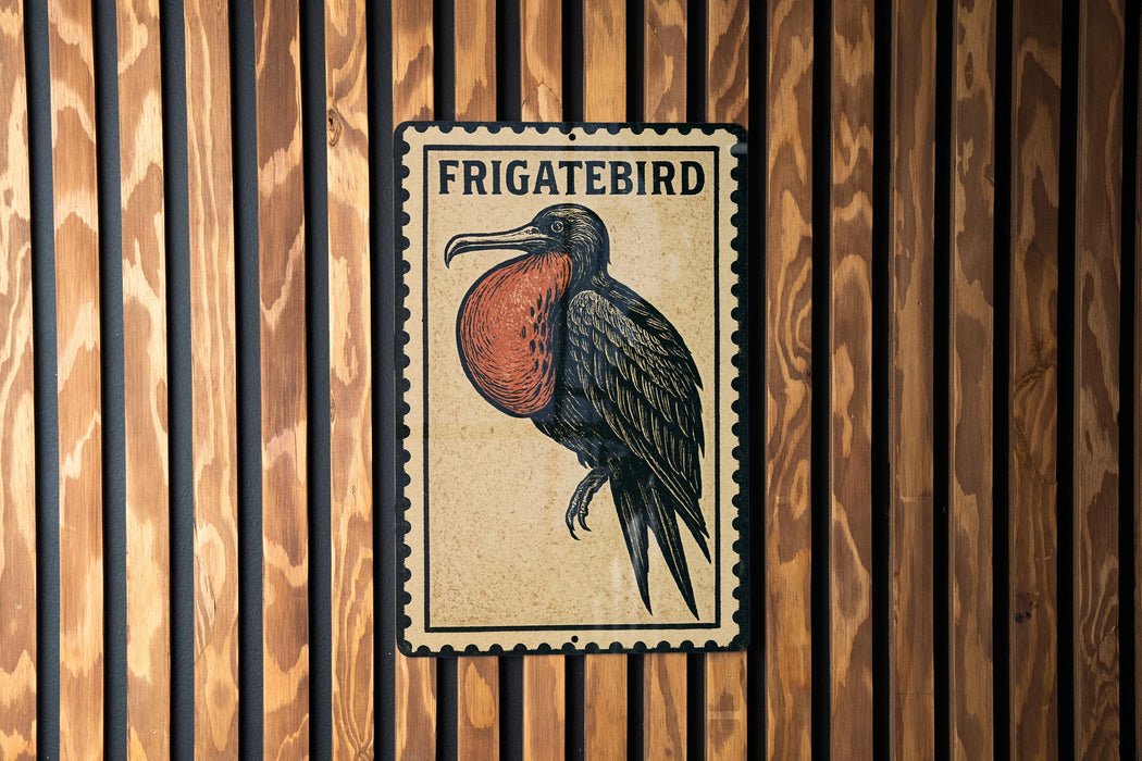 a wooden wall with a framed illustration of a Frigatebird, a large seabird known for its distinctive appearance and long beak.