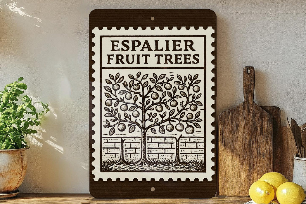 a wooden sign with a tree illustration and text, placed on a shelf next to a wooden cutting board and some potted plants.