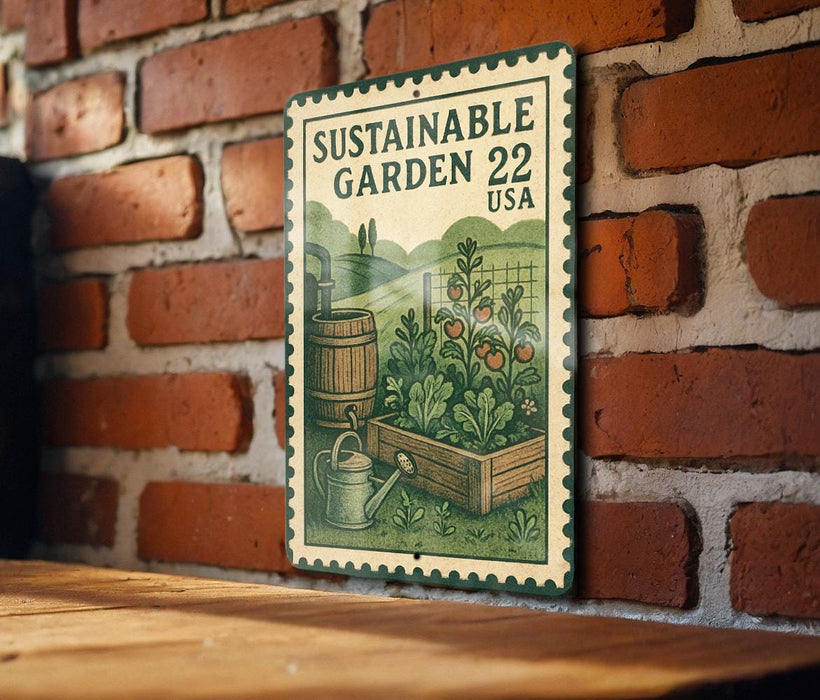 A vintage-style metal sign with a garden illustration and text, mounted on a brick wall.