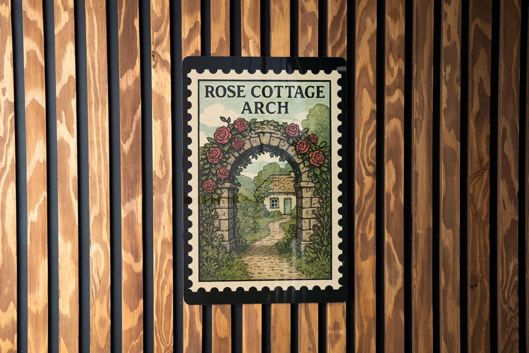 A framed illustration of a cottage with a garden path and a rose arch is displayed on a wooden wall.