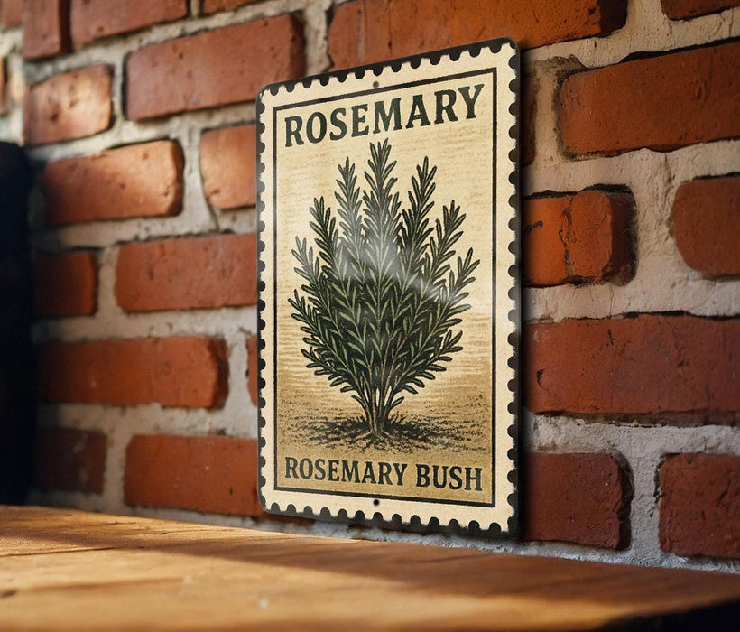 A vintage-style metal sign with a rosemary bush illustration is mounted on a brick wall.