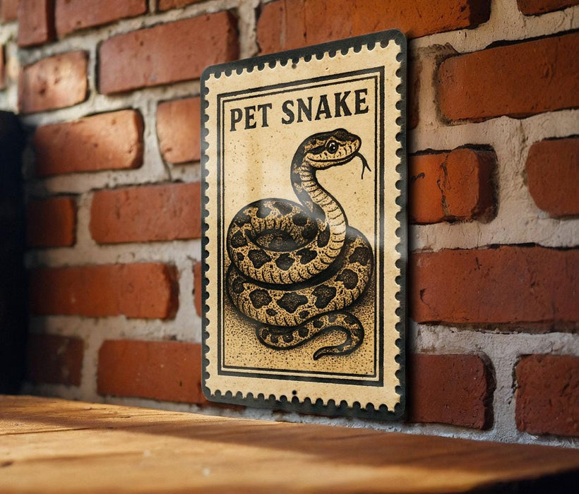 A metal sign with a picture of a pet snake is mounted on a brick wall.