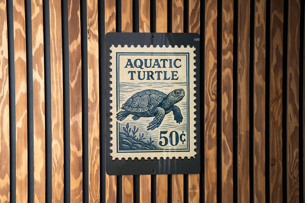 A postage stamp featuring an aquatic turtle, with the text "AQUATIC TURTLE" and the denomination "50¢".