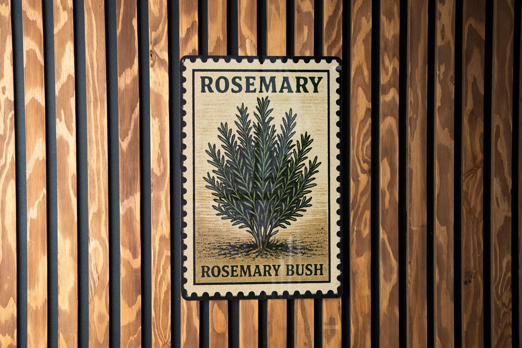 A vintage-style rosemary bush stamp is displayed on a wooden wall.