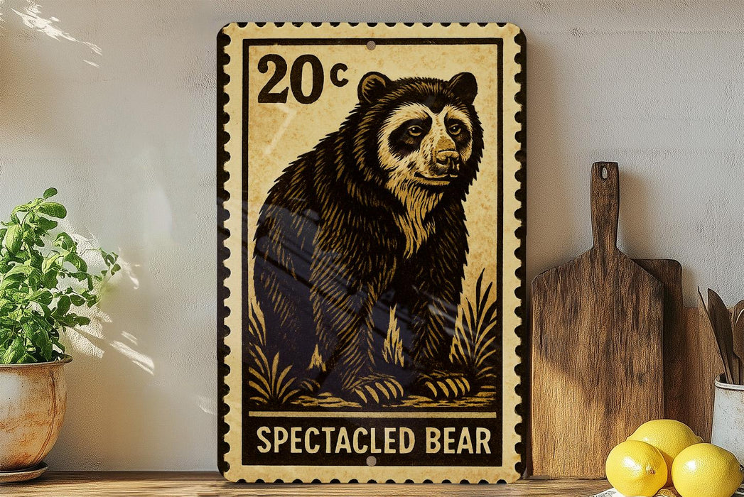 a large, detailed stamp-like artwork of a spectacled bear, with the text "SPECTACLEED BEAR" prominently displayed. The bear is depicted in a realistic style, with intricate details and shading that make it appear lifelike. The artwork is mounted on a wall, and there are some potted plants and kitchen utensils visible in the background.