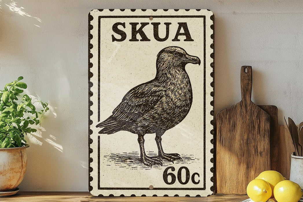 a wooden cutting board, a potted plant, and a bird illustration on a wall.