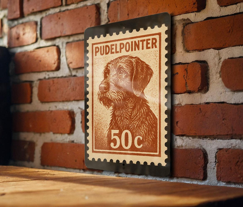 A wooden table with a brick wall in the background, and a postage stamp featuring a dog's head is displayed on the wall.
