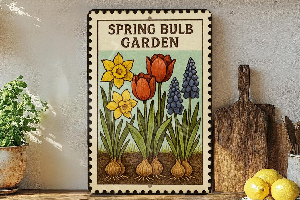 A metal sign with illustrations of spring bulbs, including tulips and daffodils, is displayed on a shelf next to a wooden cutting board and a potted plant.