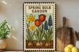 A metal sign with illustrations of spring bulbs, including tulips and daffodils, is displayed on a shelf next to a wooden cutting board and a potted plant.