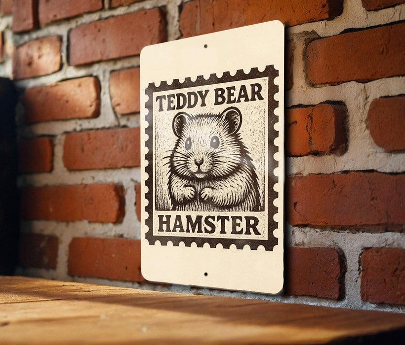 A sign featuring a teddy bear and the word "HAMSTER" printed on it, mounted on a brick wall.