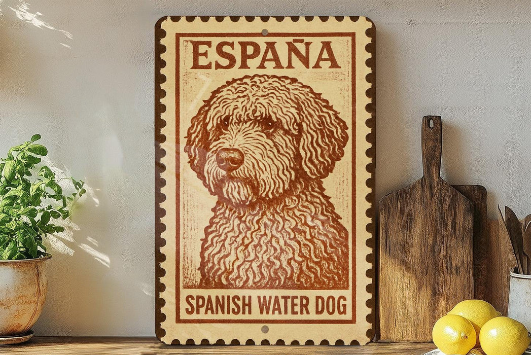 A wooden shelf displaying a framed image of a Spanish water dog, a potted plant, a wooden cutting board, and some lemons.