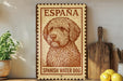A wooden shelf displaying a framed image of a Spanish water dog, a potted plant, a wooden cutting board, and some lemons.